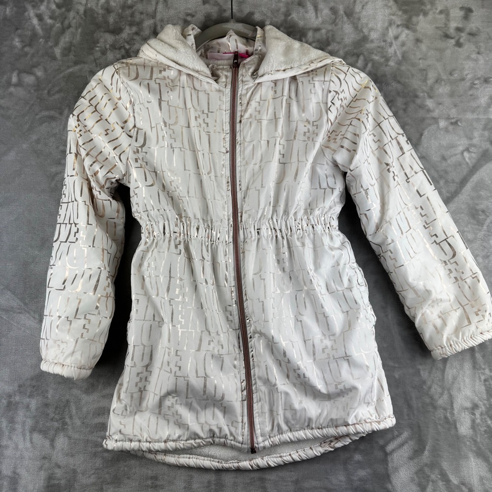 Penelope Mack‎ Puffer Coat Girls Size 8 White Silver Metallic Love Hooded (1652)